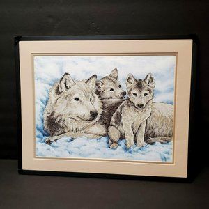 Wolf Cross Stitch, Completed and Matted, Mother Wolf and Pups, Needlepoint